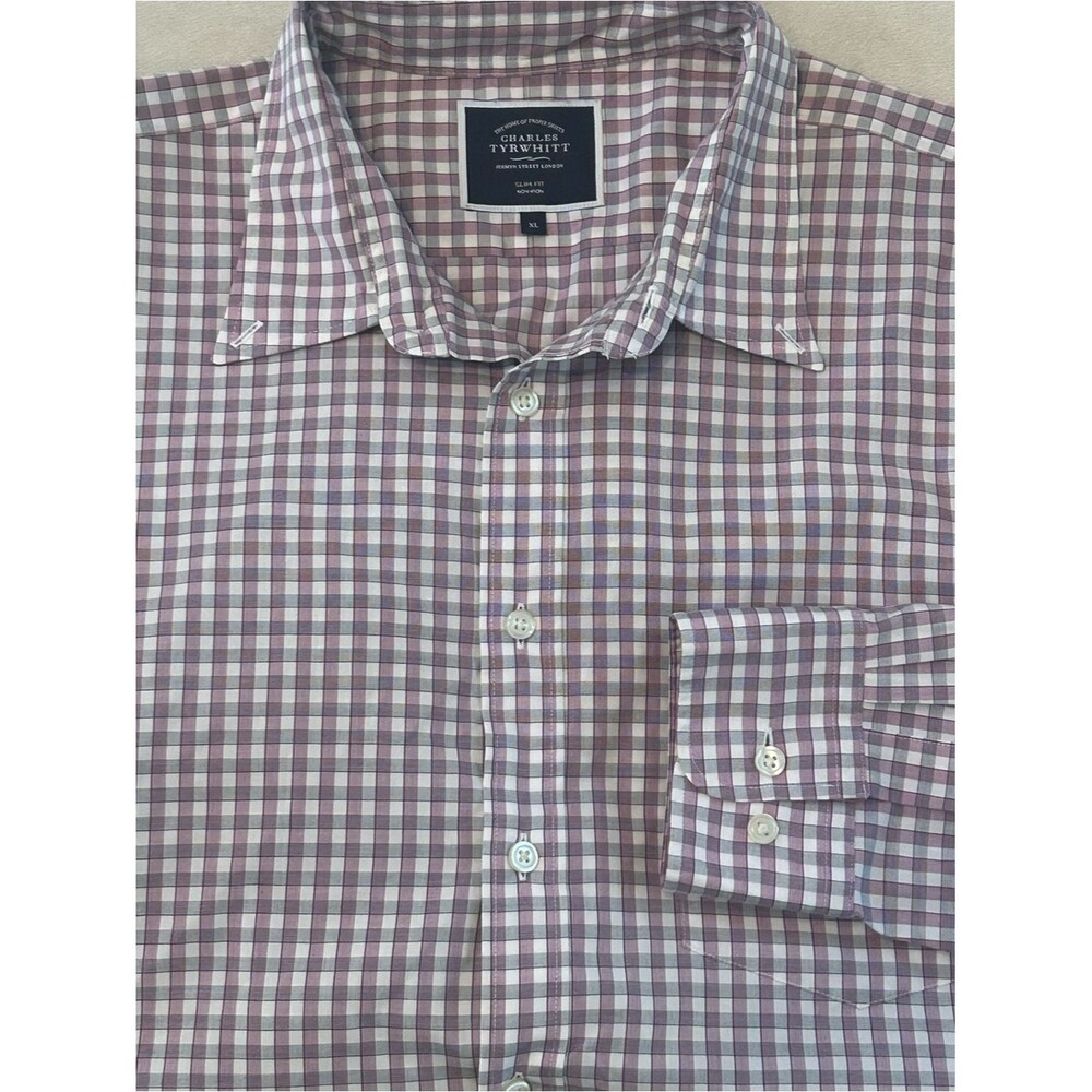 Charles Tyrwhitt Men's XL Slim Fit Non Iron Gingham Dress Shirt Purple